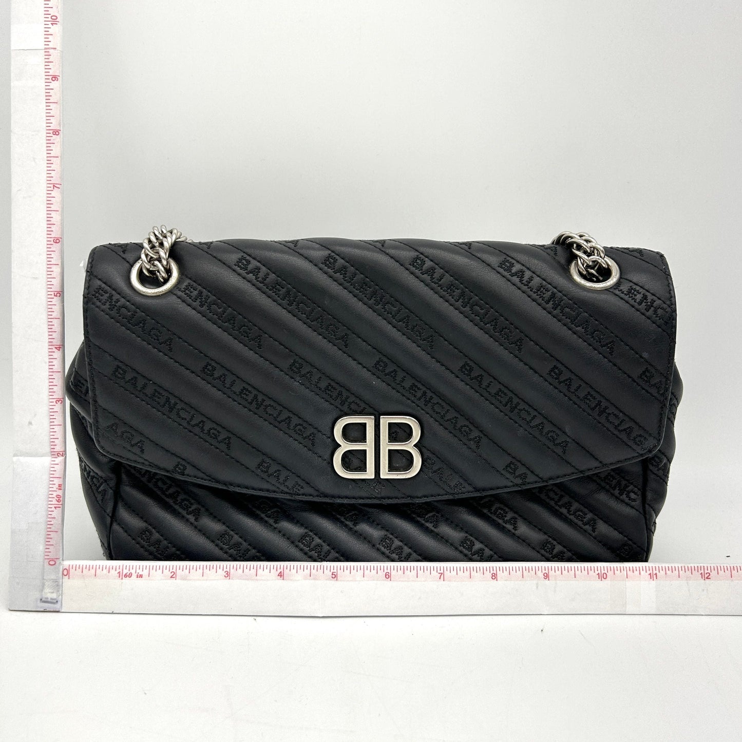 BALENCIAGA Calfskin Logo Matelasse S BB Round Shoulder Bag Black LA43555