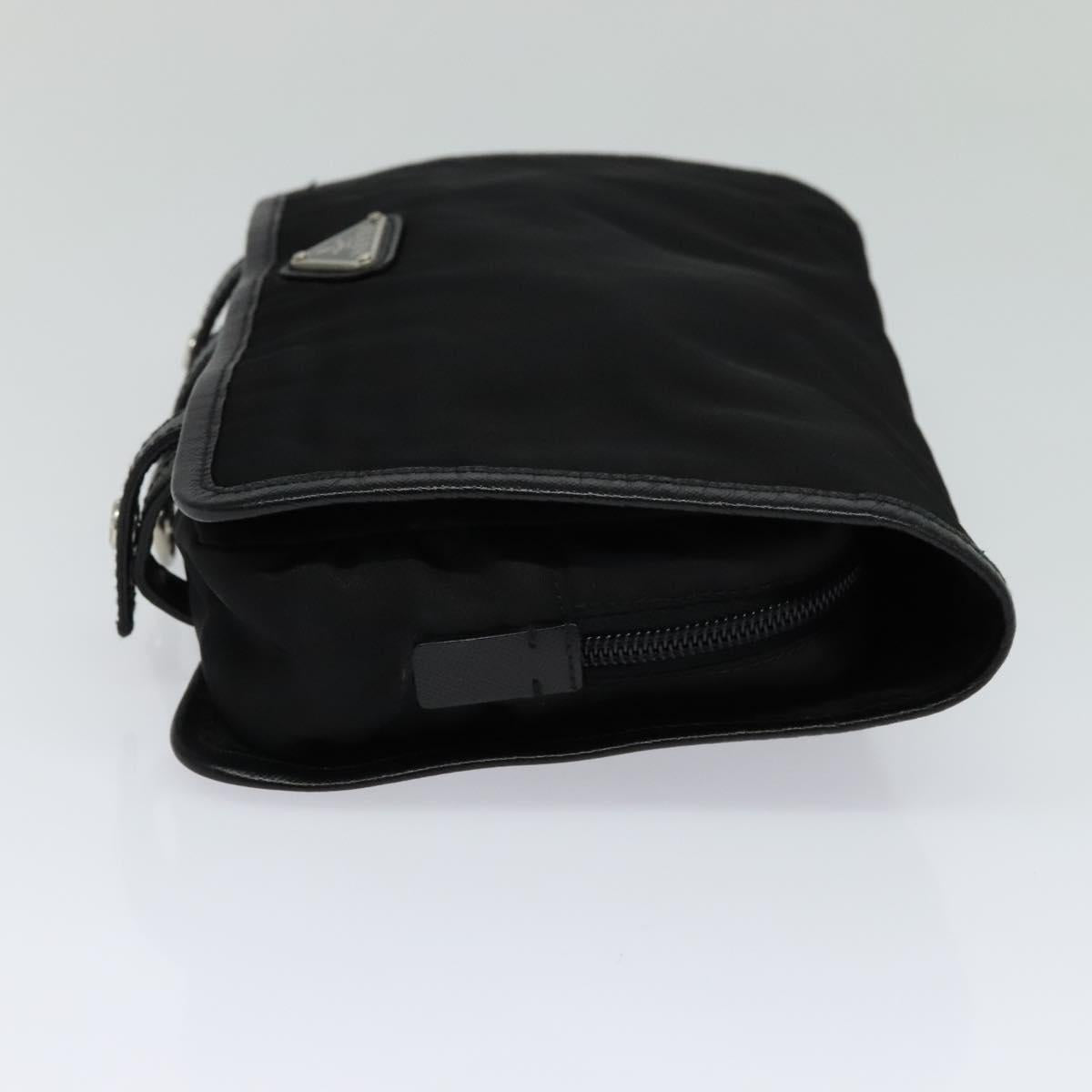 PRADA Clutch Bag Nylon Leather Black Silver 113740