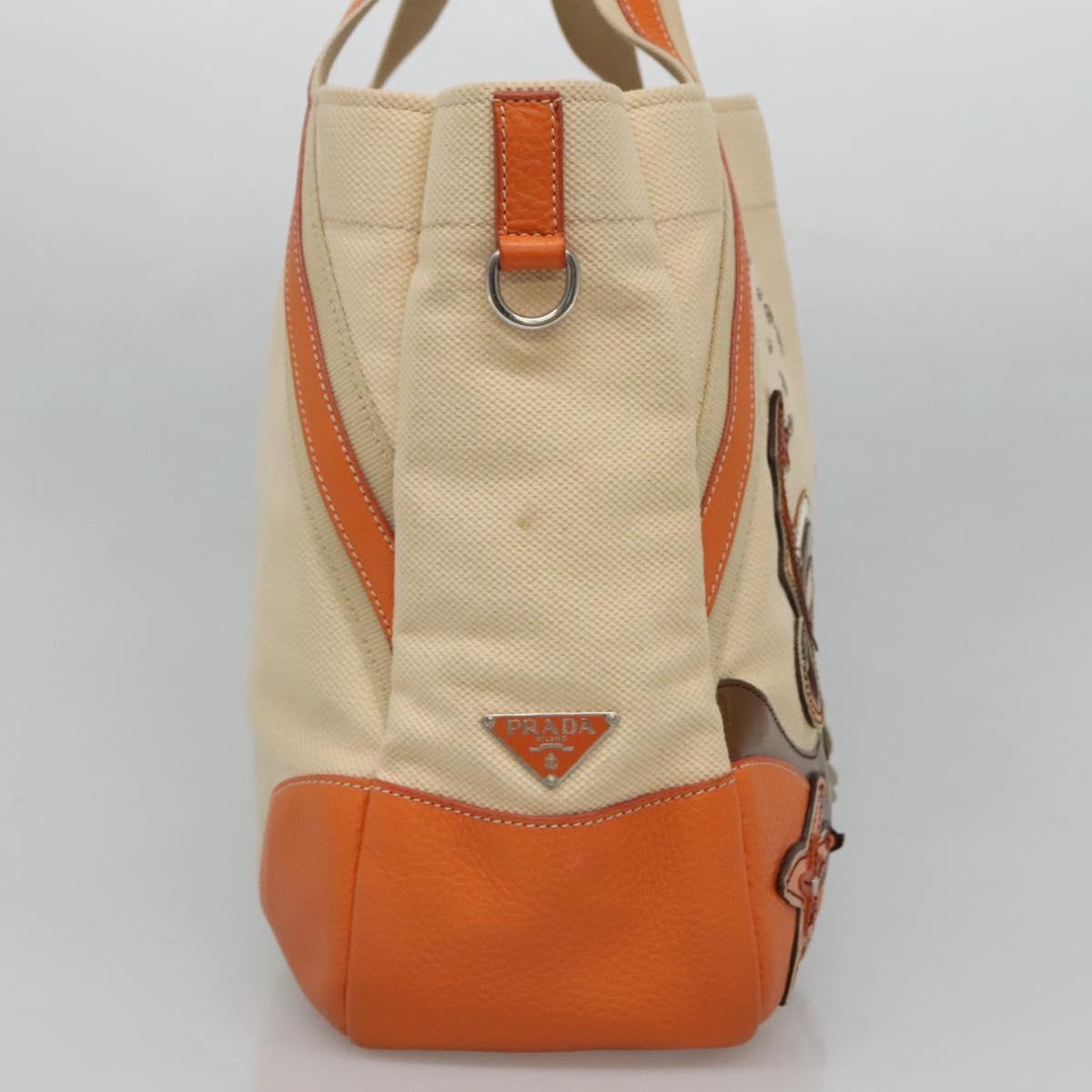 PRADA Tote Bag Canvas Leather Beige Orange Silver 113768