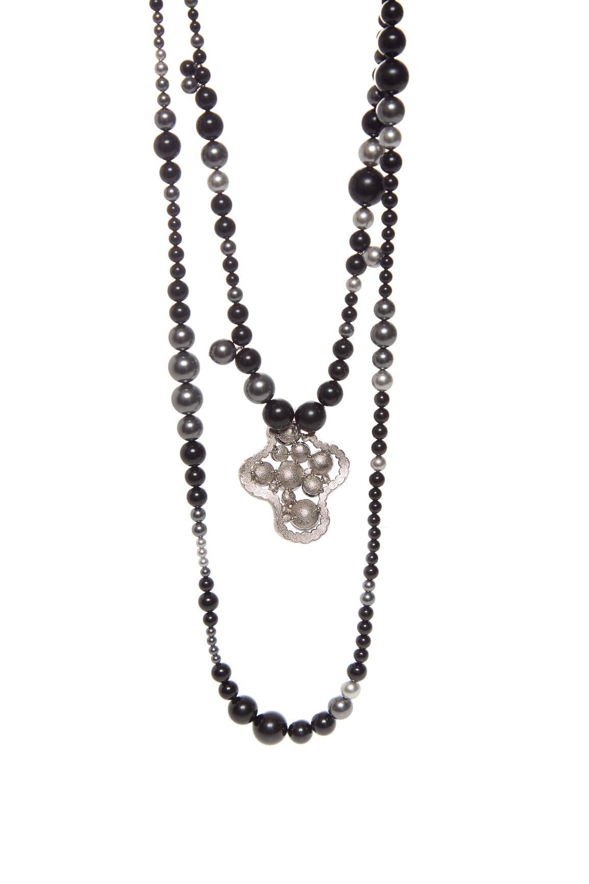 Chanel Black and Silver Faux Pearl CC Multistrand Necklace -AS IS