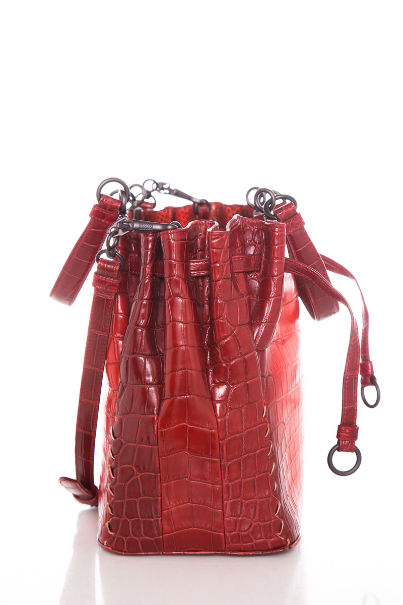 Bottega Veneta Red Vesuvio Croc Bucket Shoulder Bag