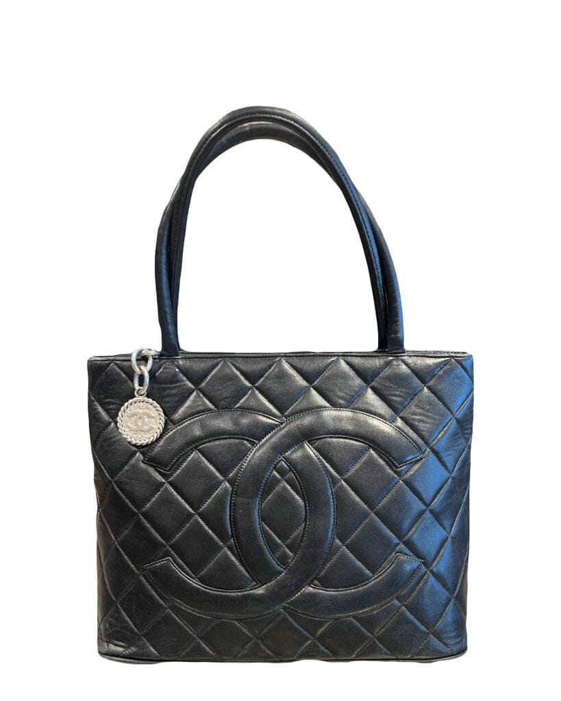 Vintage '00-'02 Chanel Medallion Tote in Black Quilted Lambskin & Silver HW