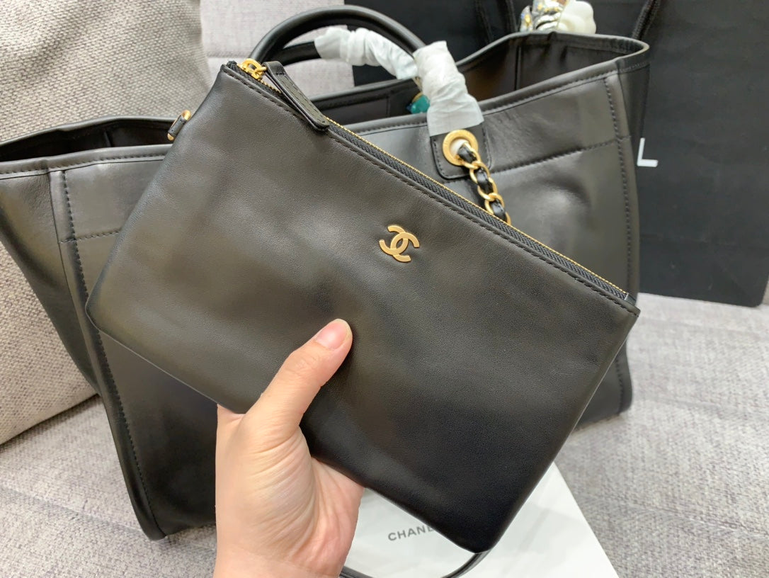 CHANEL DEAUVILLE TOTE BAG 39CM BLACK CALFSKIN MULTICOLOR LOGO