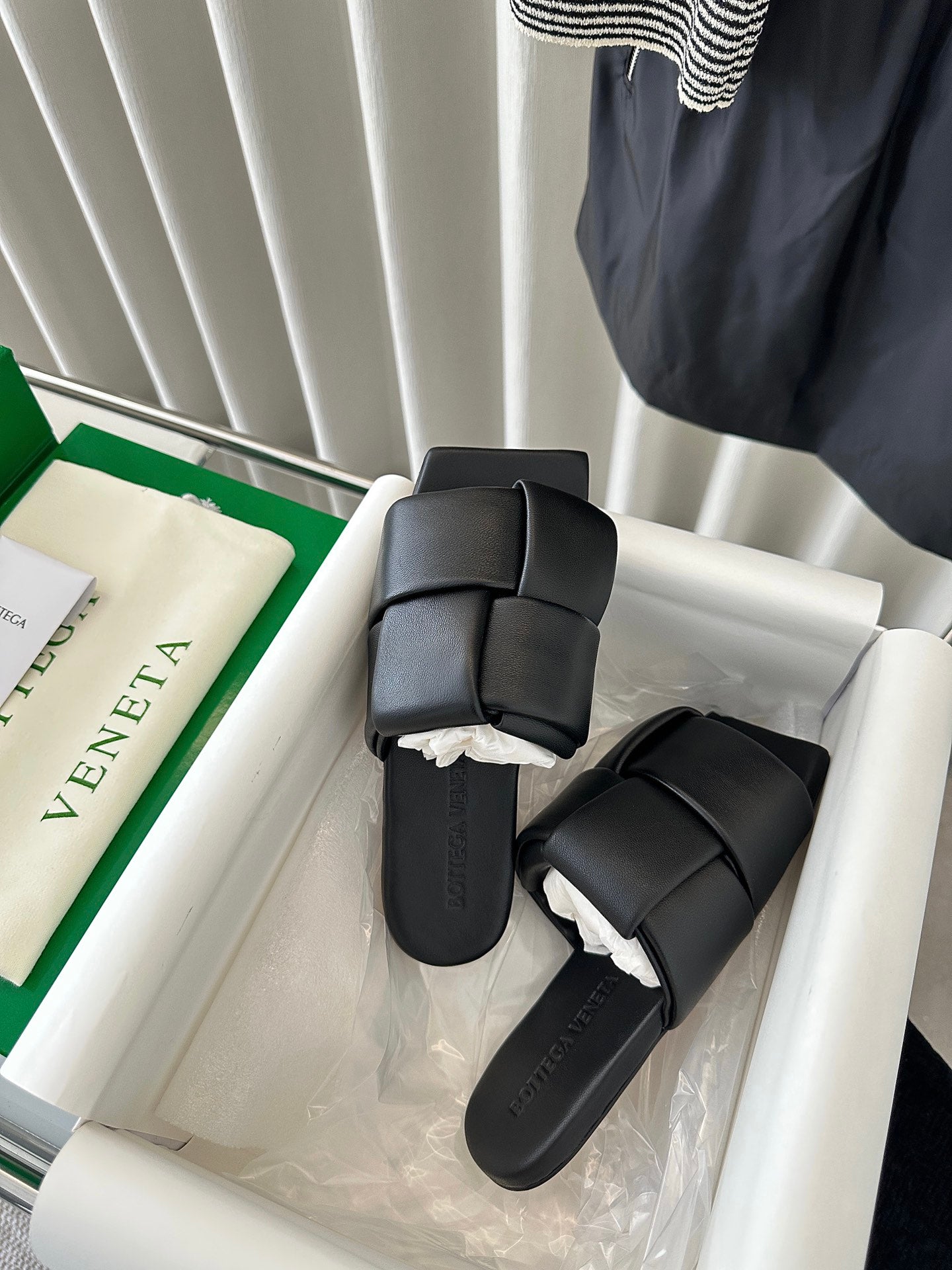 Bottega Veneta patch mule flat black lambskin