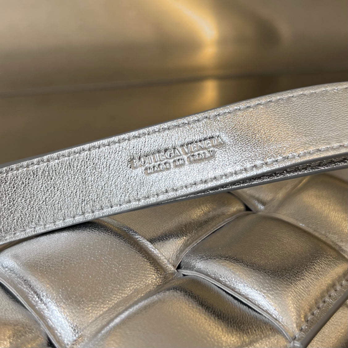 Bottega Veneta MINI CASSETTE 18 IN SILVER LAMBSKIN