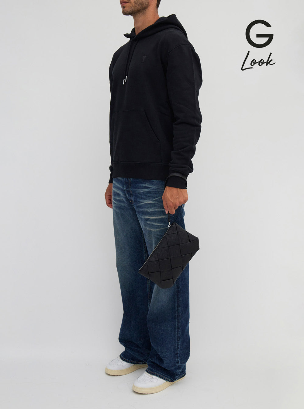 Bottega Veneta Men Black Medium Clutch With Intreccio Motif In Grained Leather Man