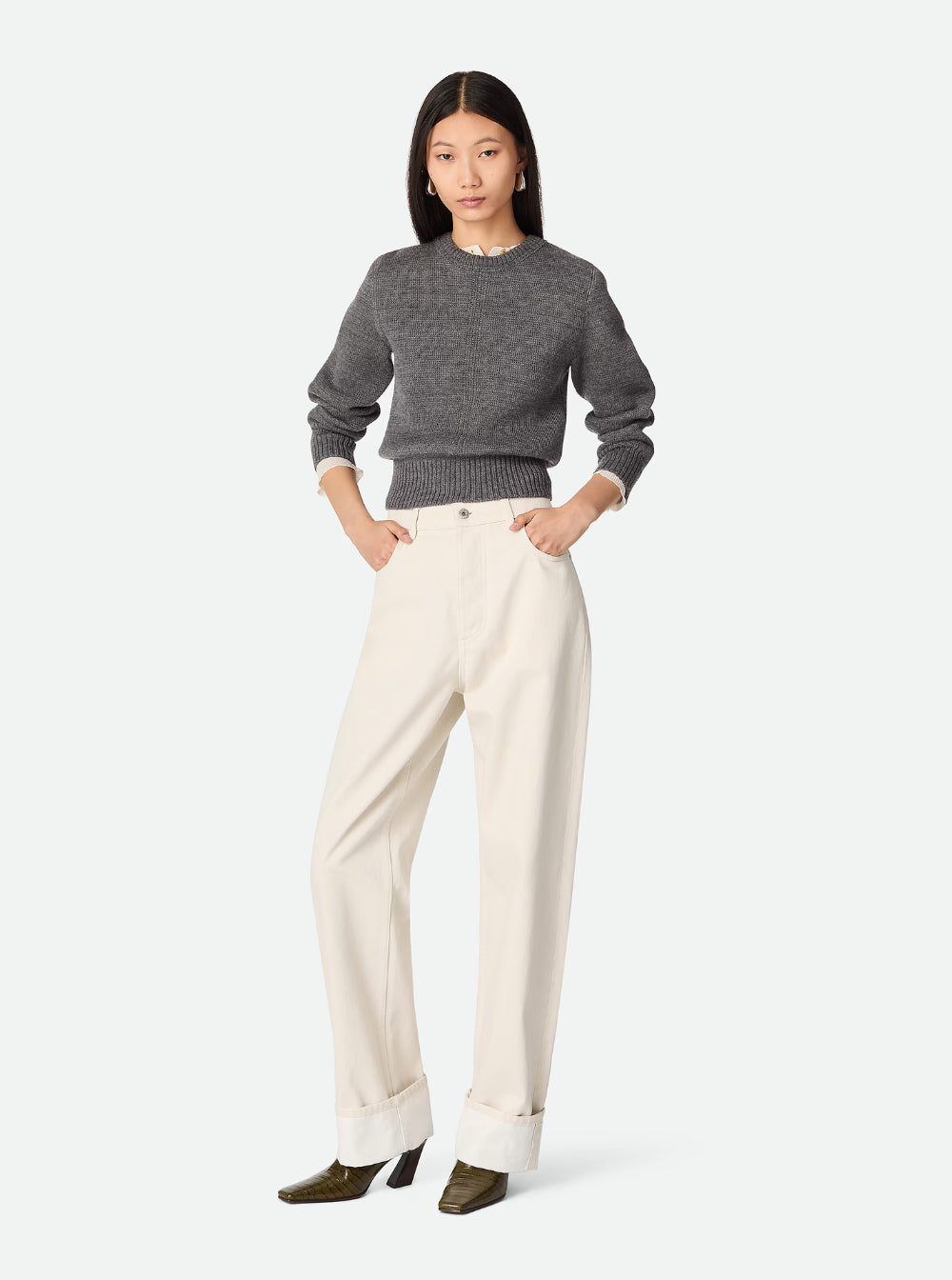 Bottega Veneta Women White Jeans With Cuffs On The Edges And Removable Patch With Hare On The Back In Denim Woman