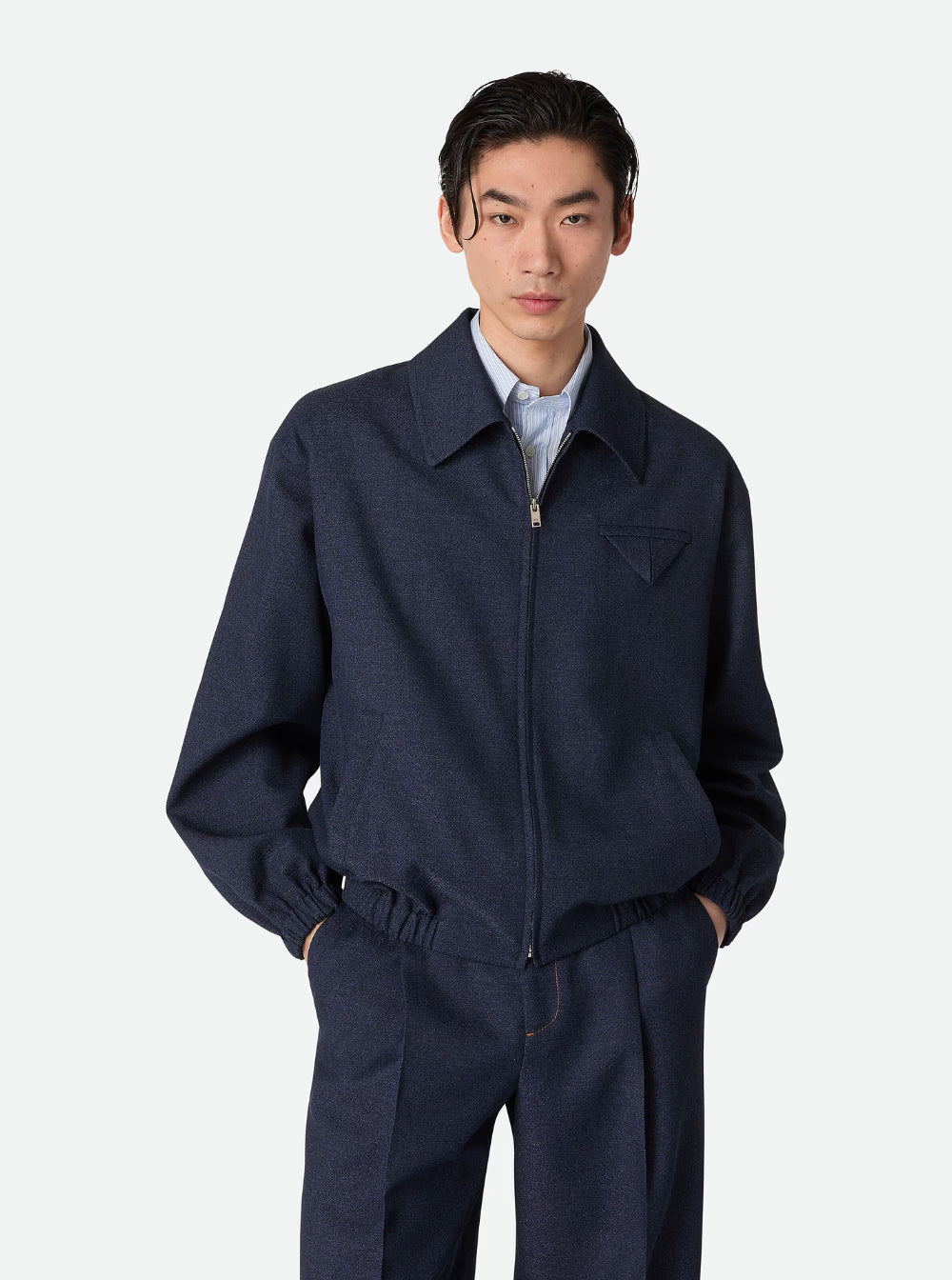 Bottega Veneta Men Blue Jacket With Classic Collar And Front Zip Closure In Wool Man