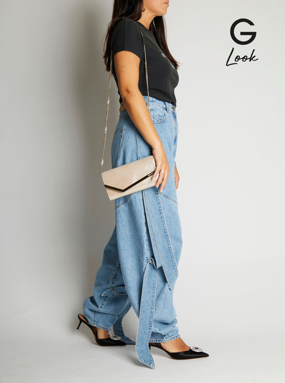 Jimmy Choo Women 'Emmie' Metallic Clutch With Chain-Link Shoulder Strap And Embossed Logo Lettering On The Front In Leather Woman