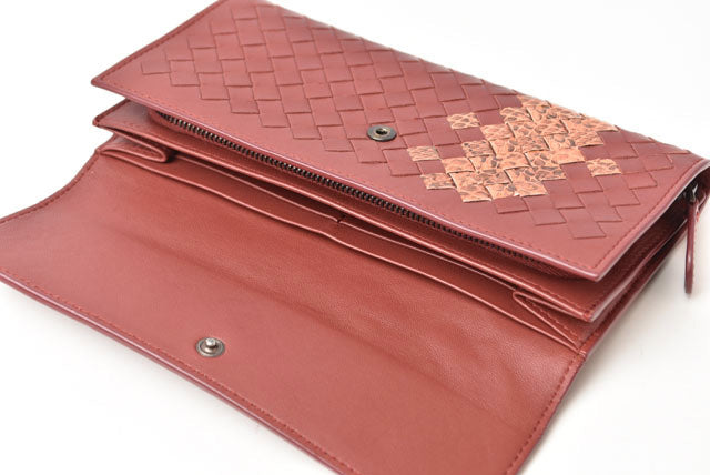 Bottega Veneta Leather Python Long Wallet Intrecciato Brown Beige