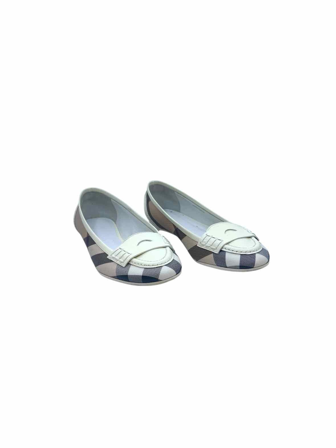 BURBERRY Size 9 White, Beige Coated canvas Patent Leather Plaid Flats
