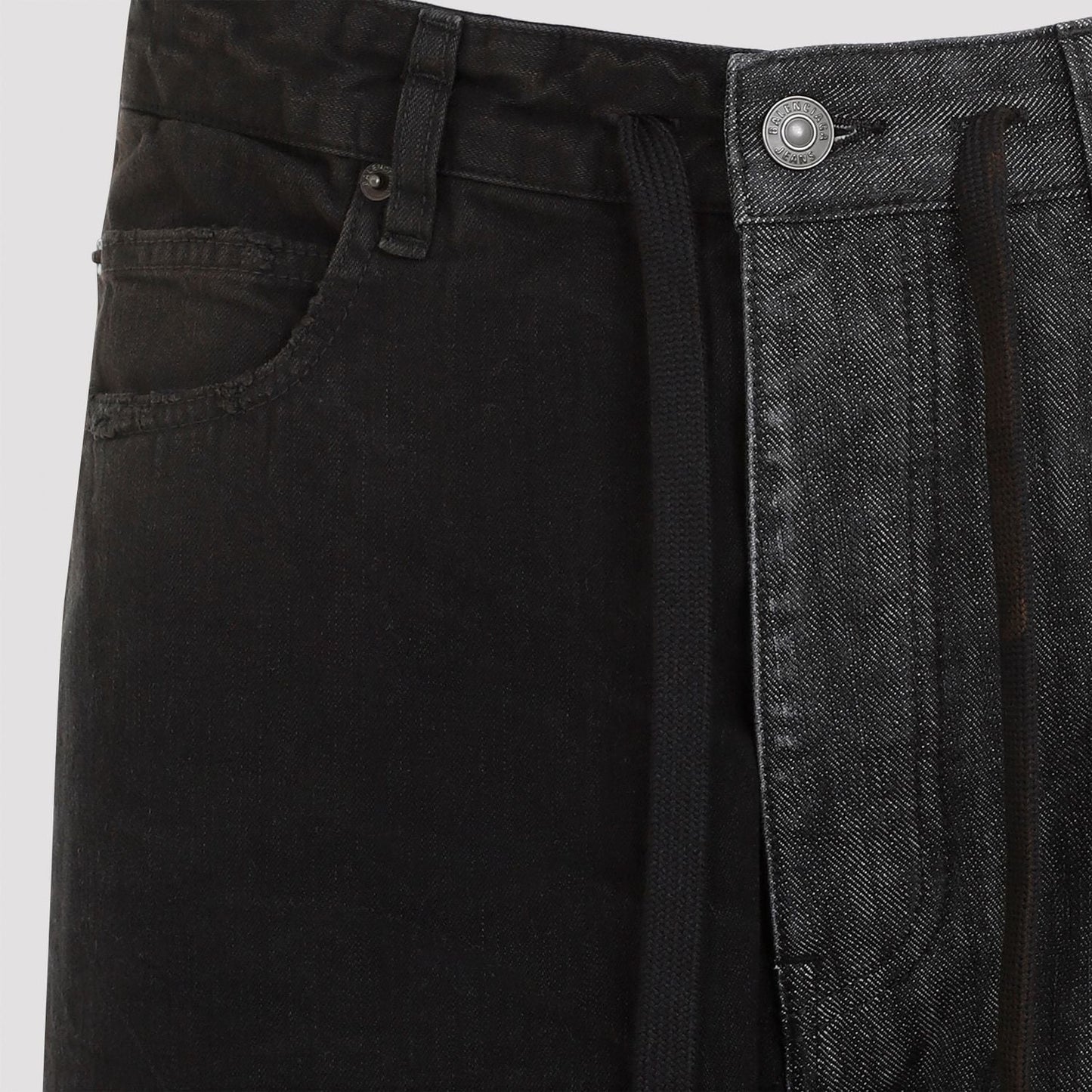 BALENCIAGA Asymmetrical Leg Length Jeans - Mid-Rise Drawstring Waist