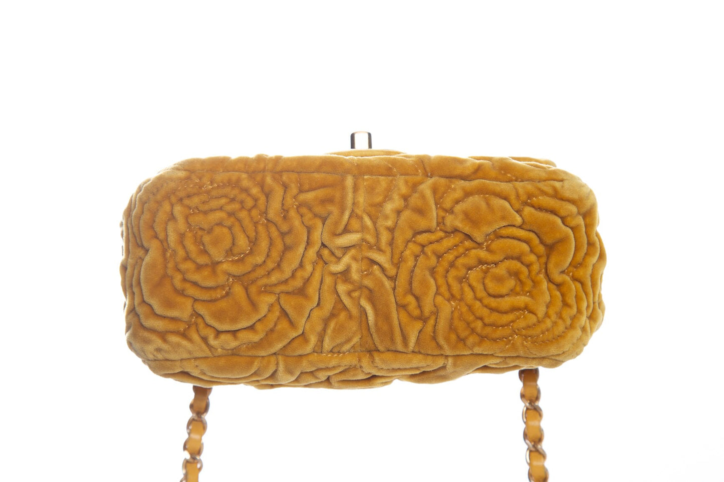 Chanel 2021 Yellow Velvet Camellia Mini Flap Handbag