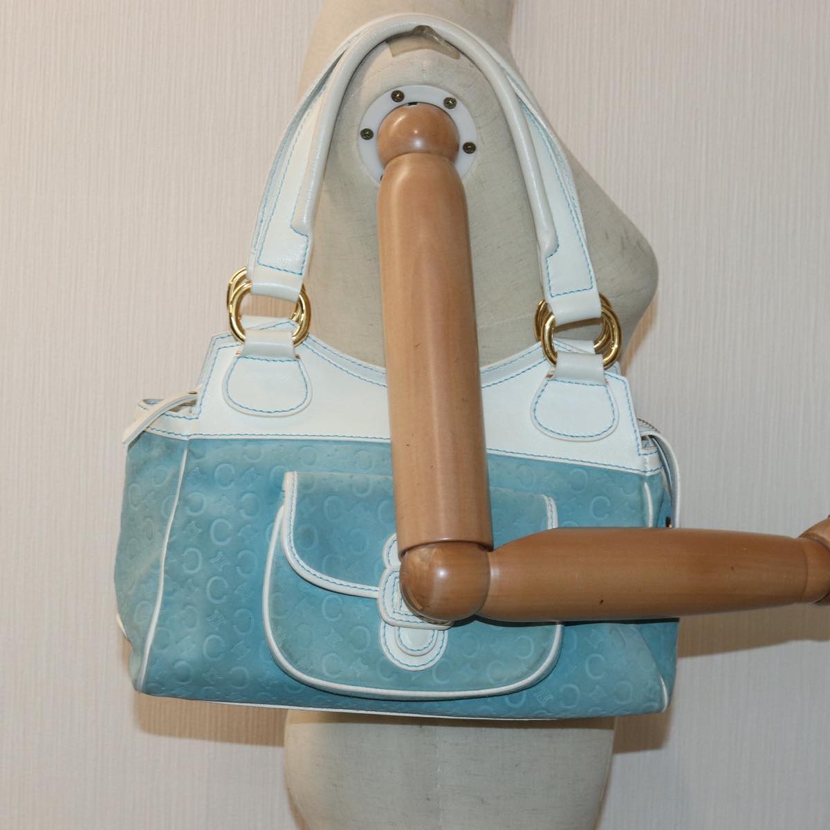 CELINE C Macadam Canvas Hand Bag Suede Light Blue 81050