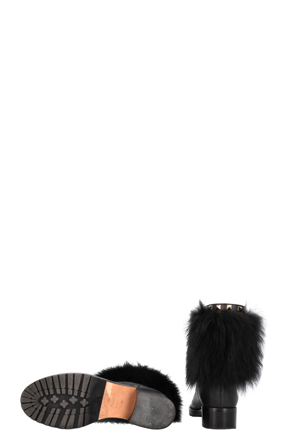 VALENTINO Rockstud Boots Leather Fur Black