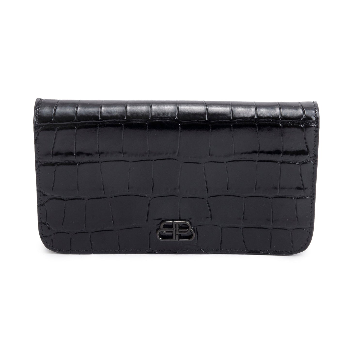 Balenciaga Black Croc-Embossed Leather Phone Holder Wallet on Chain w/ Box