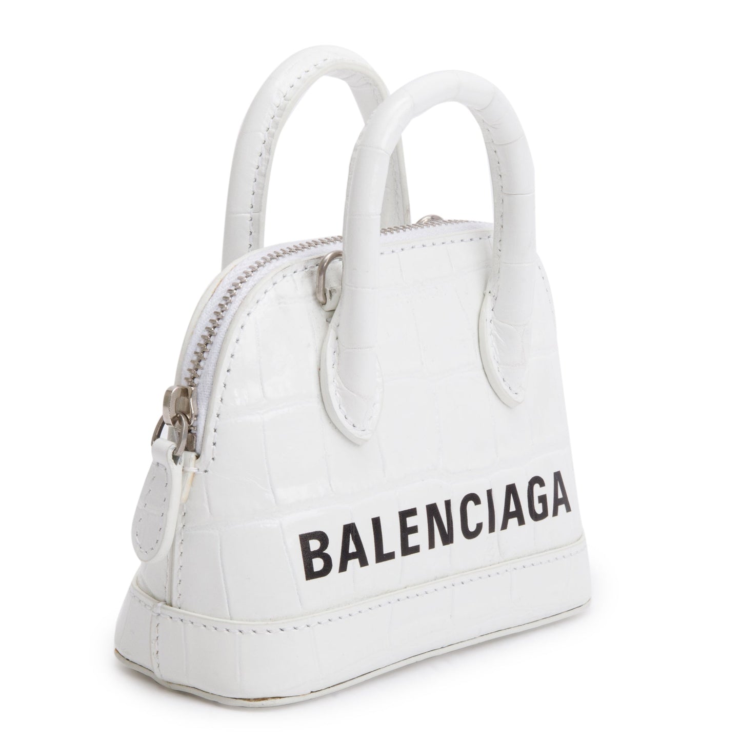Balenciaga White Crocodile Embossed Ville Mini Top Handle Bag w/ Strap