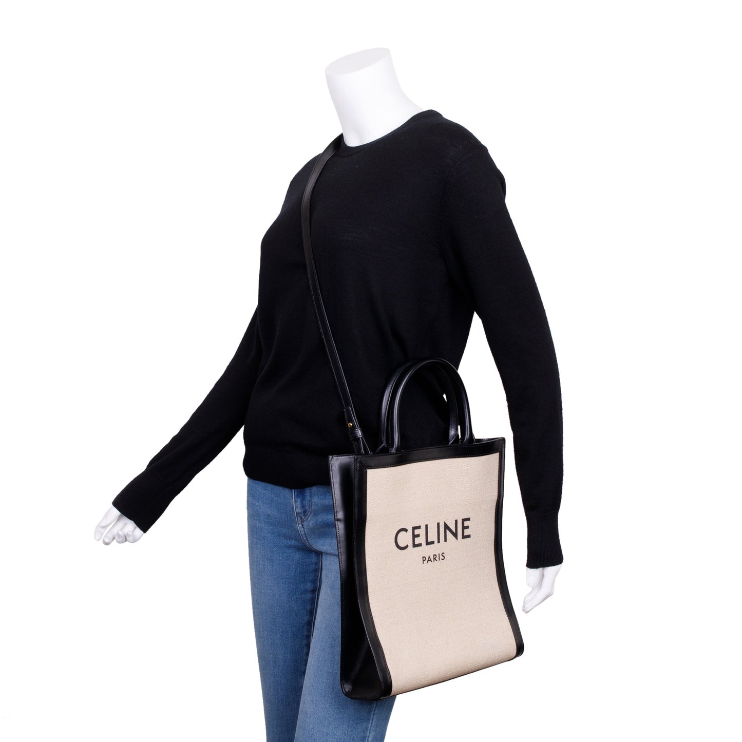 Celine 2021 Small Beige Canvas Black Calfskin Logo Vertical Cabas Tote w/ Strap