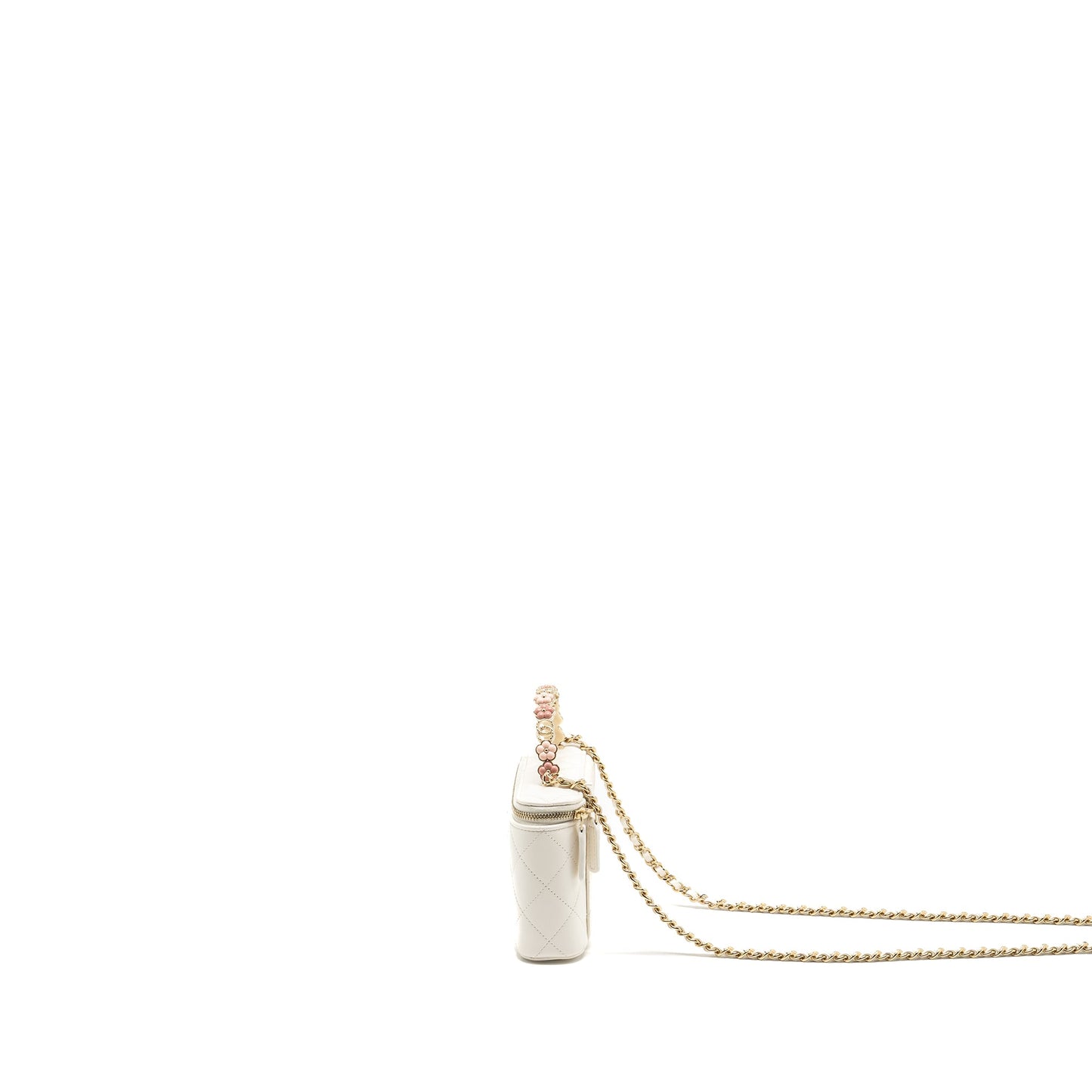 Chanel 23k Camellia Top Handle Long Vanity Case With Chain Calfskin White LGHW (Microchip)