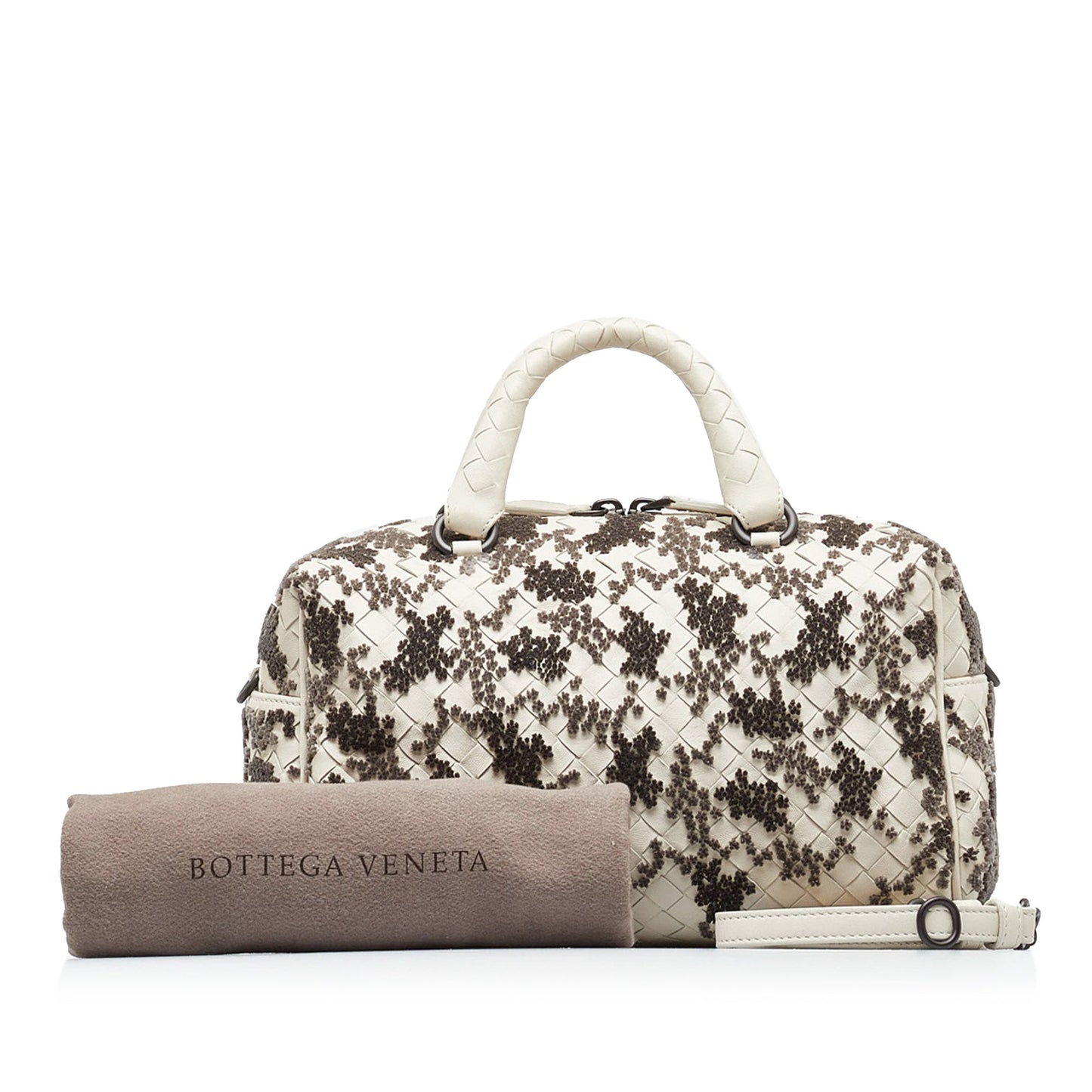 White Bottega Veneta In Mist Intrecciato Flocked Velvet Bouquet Duffel Bag Satchel