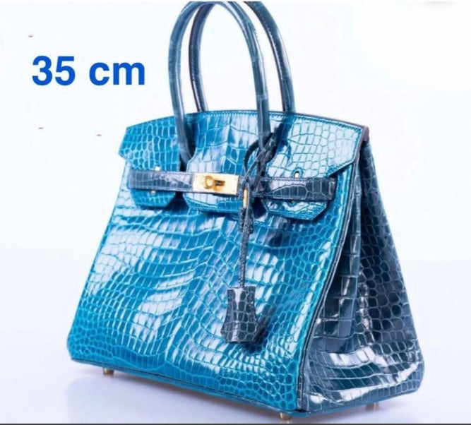 Hermes Birkin 35cm Crocodile Leather Handbag Dark Blue Gold
