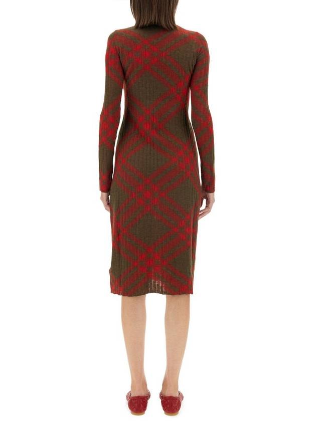 Burberry Check Turtleneck Wool Blend Midi Dress Brown Red