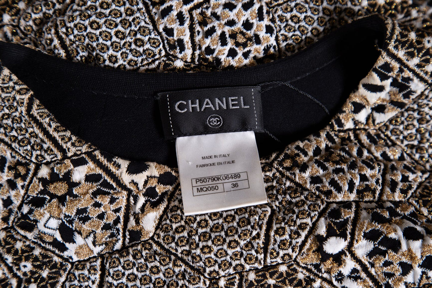 Chanel Black and Gold Knit Short Sleeve Dress SZ 36