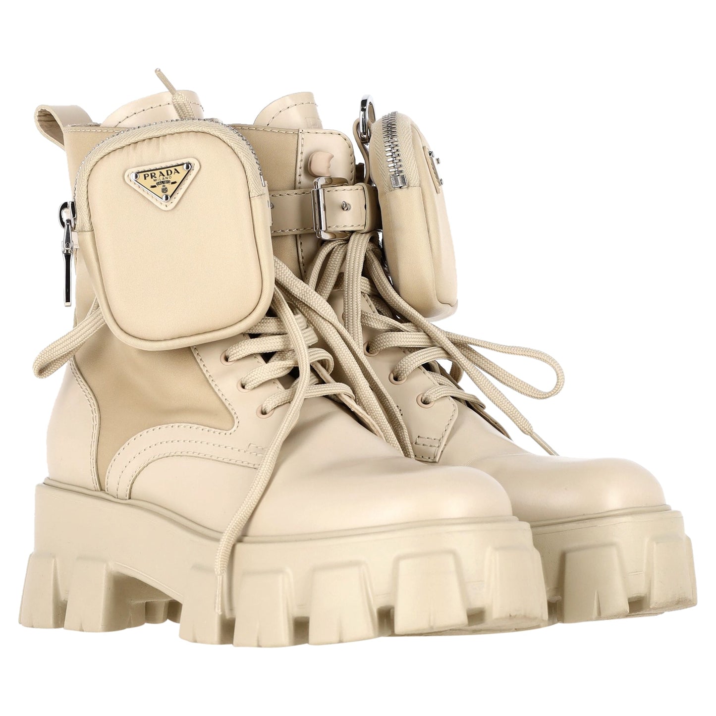 Prada Monolith Pouch-Detail Boots in Beige Leather