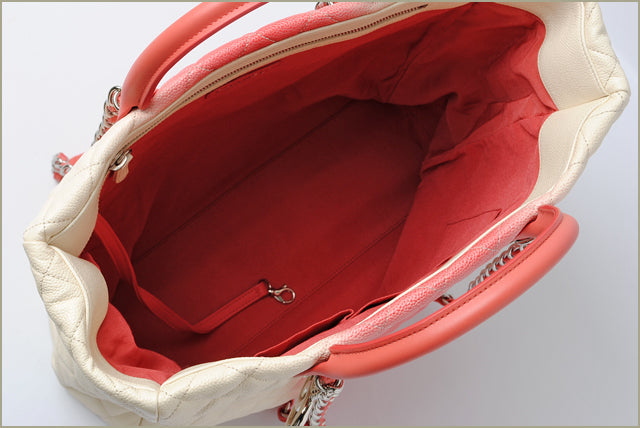 Chanel Caviar Skin 2way Tote/Shoulder Bag Coral Pink/Ivory