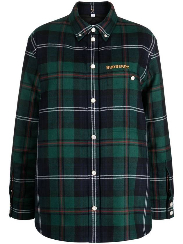 Burberry Women's Logo Embroidered Check Wool Overshirt Jacket Dark Green