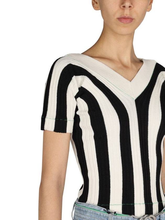Bottega Veneta Striped V-neck Short Sleeve Knit Top