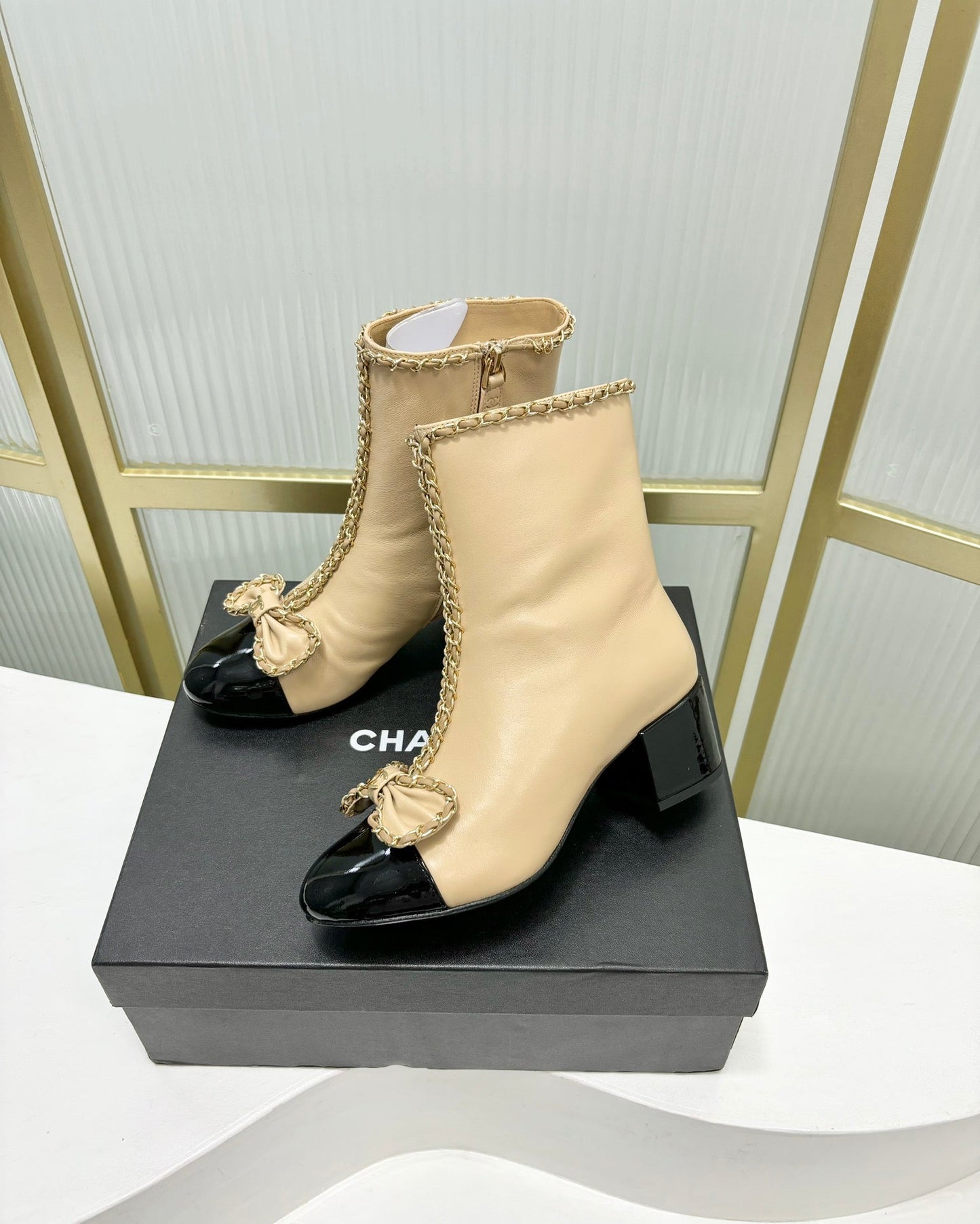 CHANEL Ankle Boot 65 Beige Calfskin Black Patent Calfksin Leather Strap