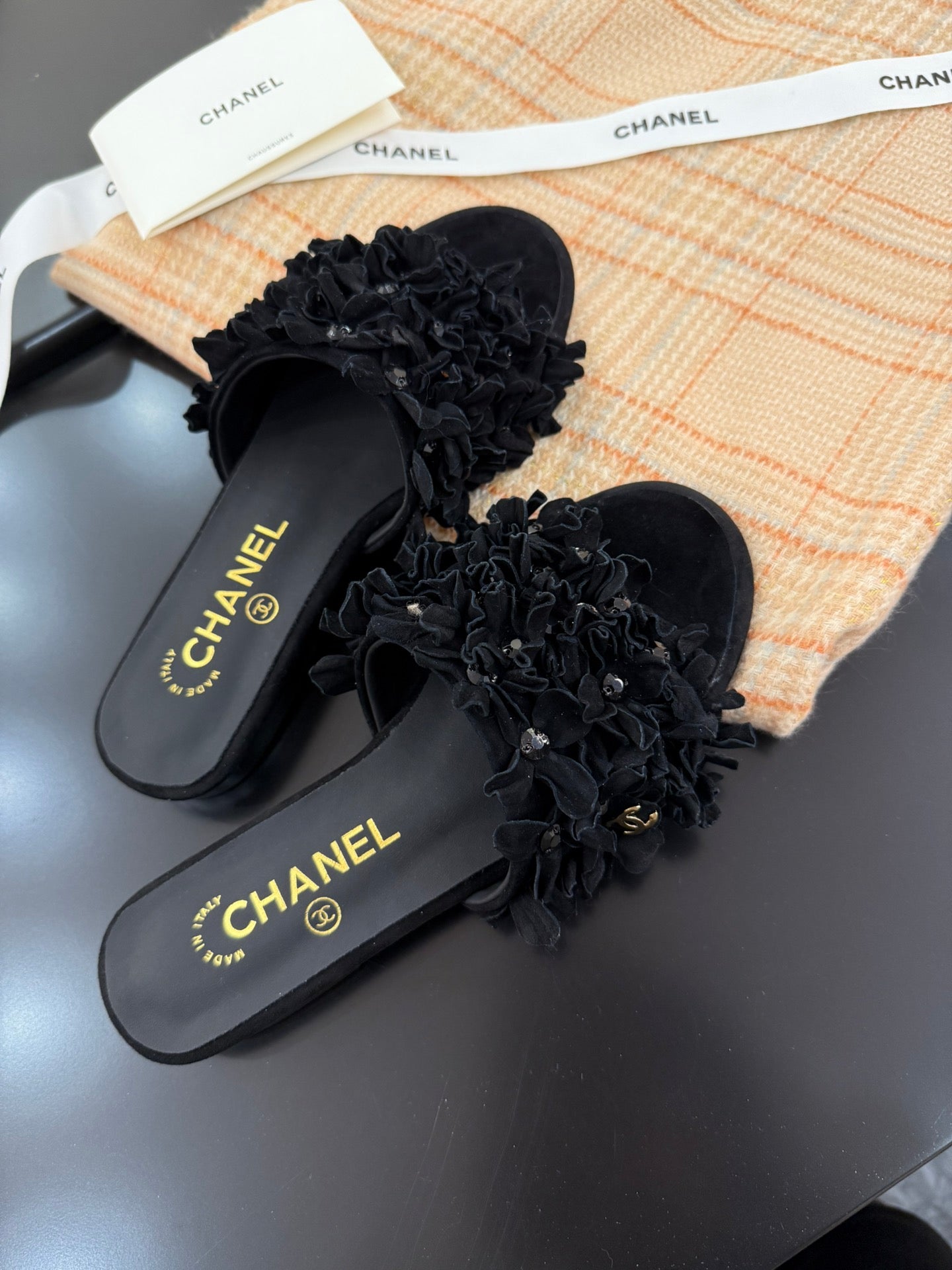 CHANEL 25C Mules Black Suede Strass