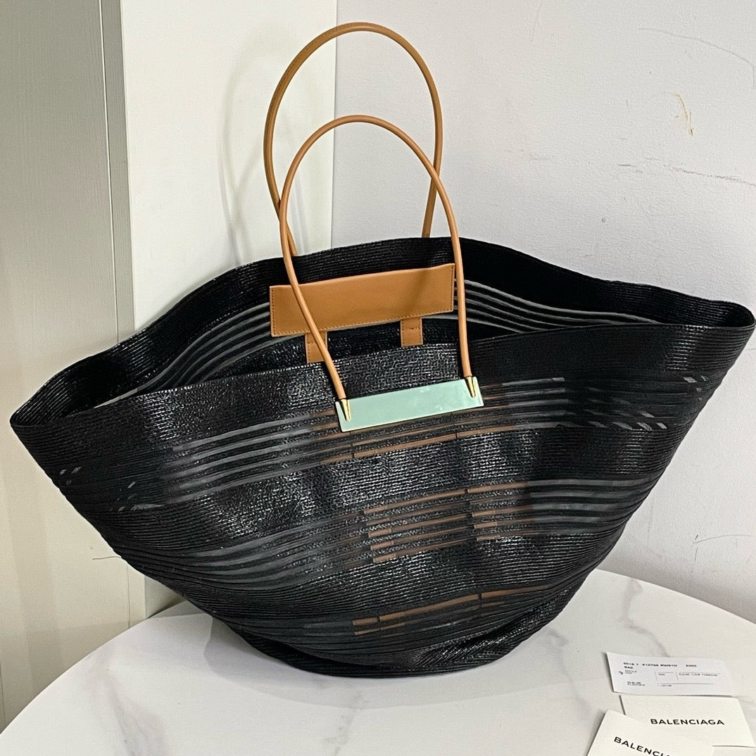 Balenciaga Basket Tote XL Black Straw Bag #13560