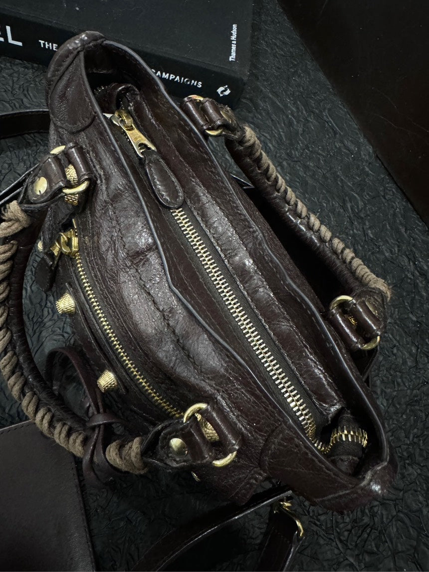 Balenciaga Brown Gold Buckle Mini Motorcycle Handheld Crossbody Bag