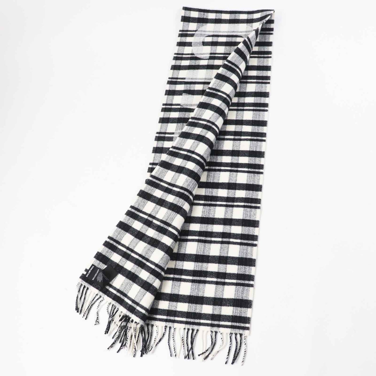 Balenciaga Wool Logo Check Scarf with Fringe