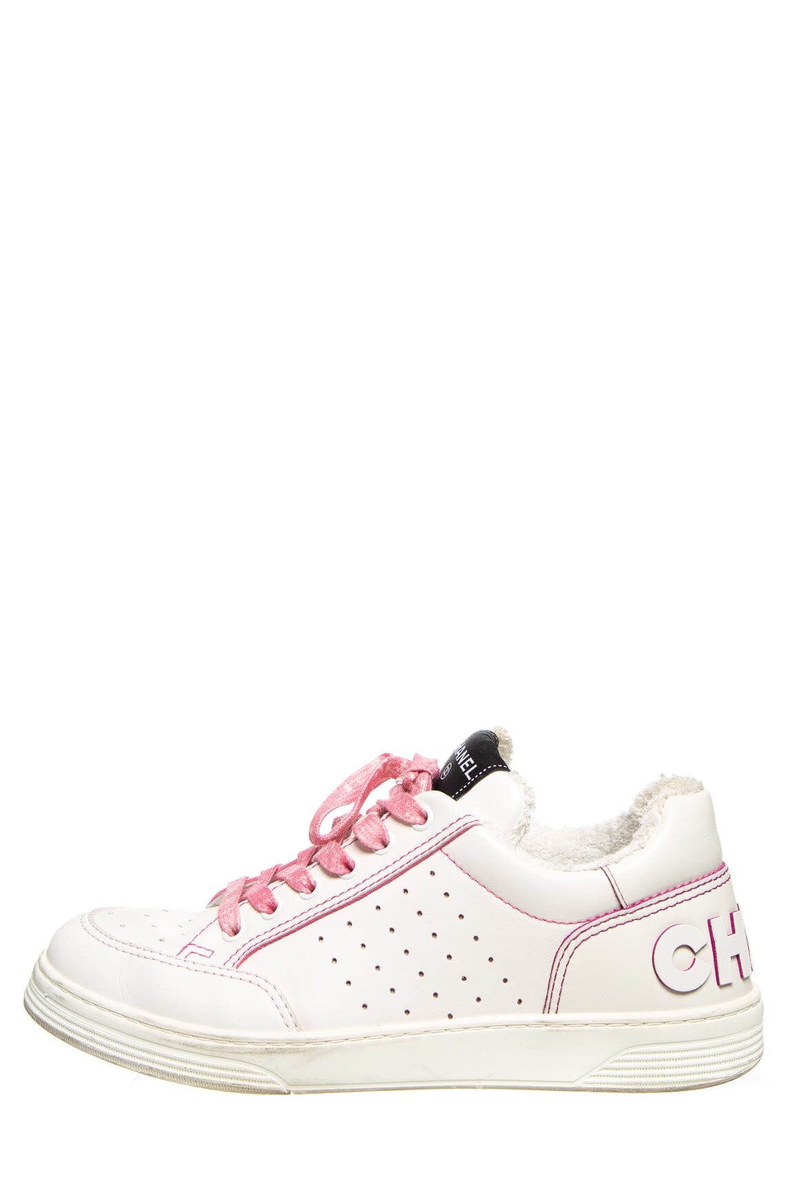 Chanel White and Pink Perforated "CHA-NEL" Sneakers SZ 40