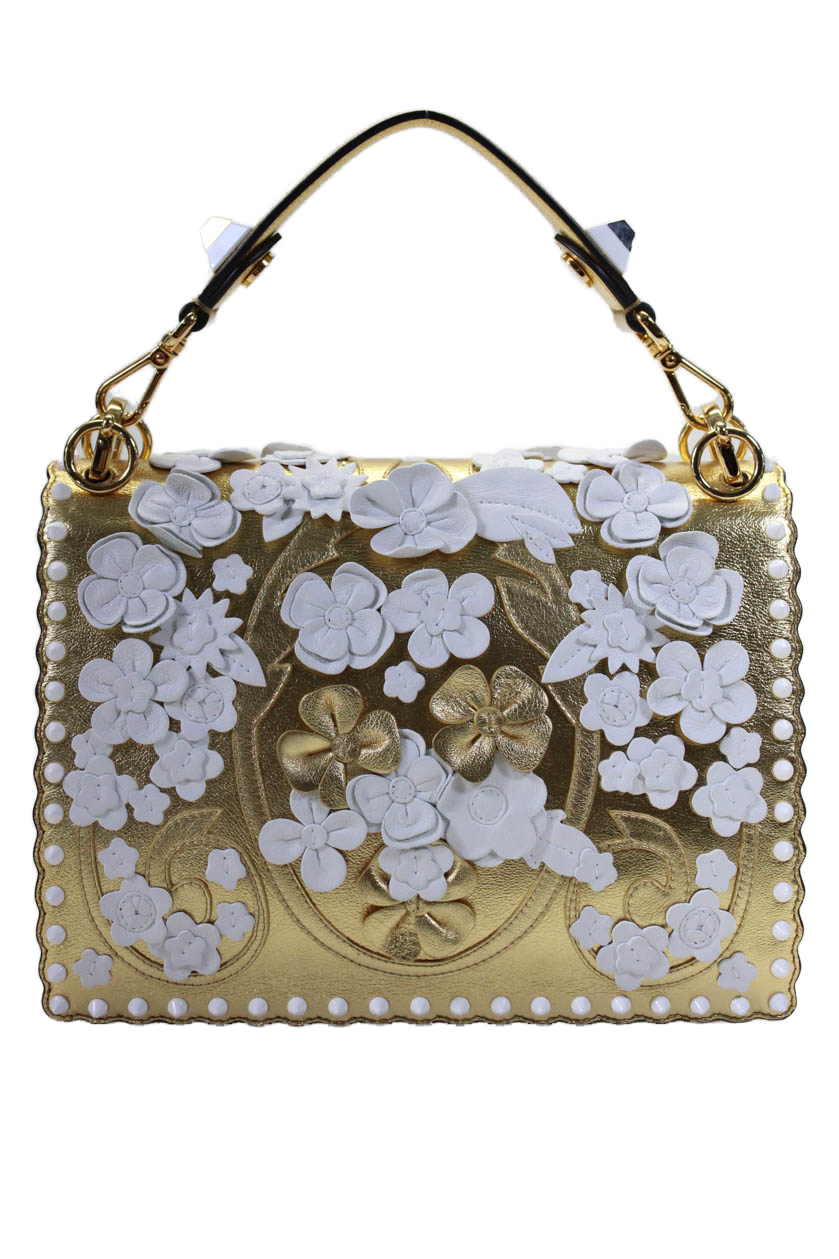 Fendi Womens Metallic Calfskin Wonder Monster Kan I Shoulder Handbag Gold Tone