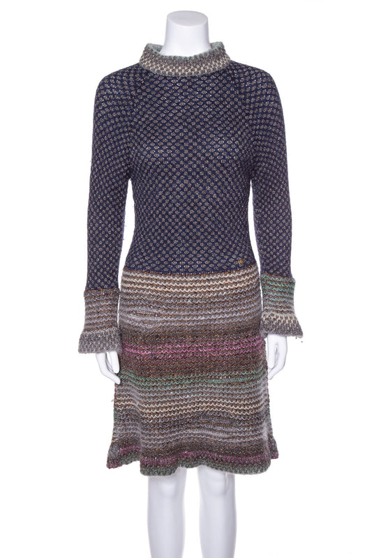 Chanel Multicolor Knit Fit and Flare Shimmer Long Sleeve Dress SZ 40