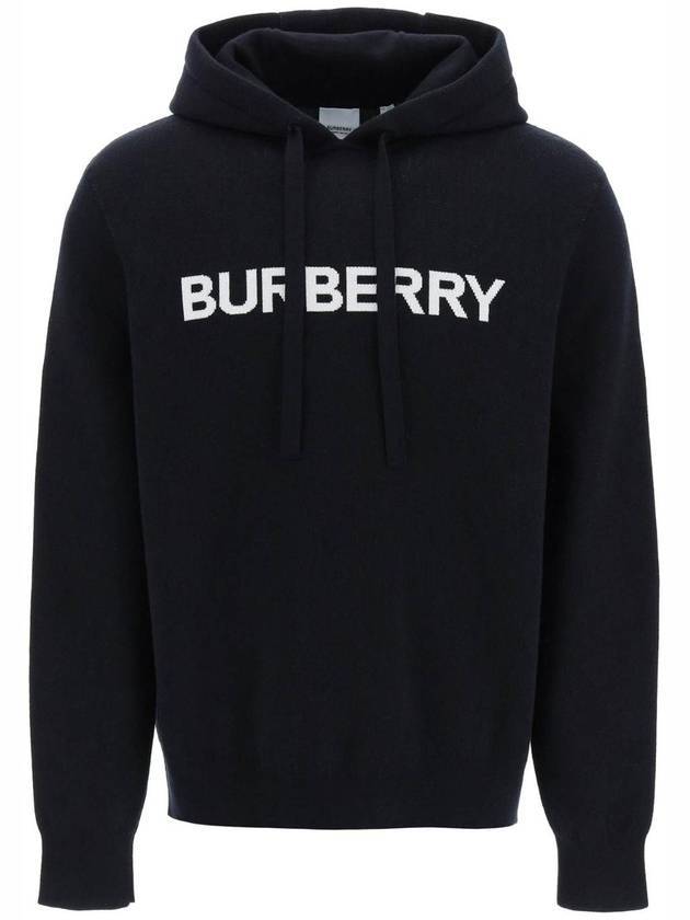 Burberry Men's Logo Intarsia Wool Cotton Hooded Cole Blue