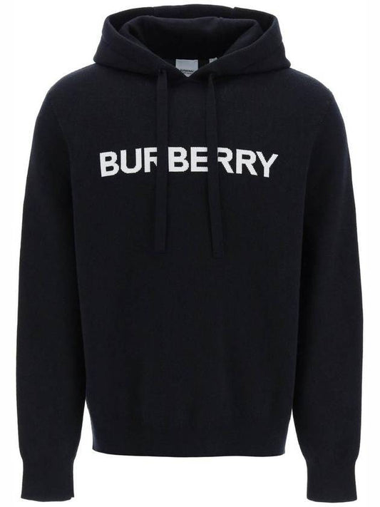 Burberry Men's Logo Intarsia Wool Cotton Hooded Cole Blue
