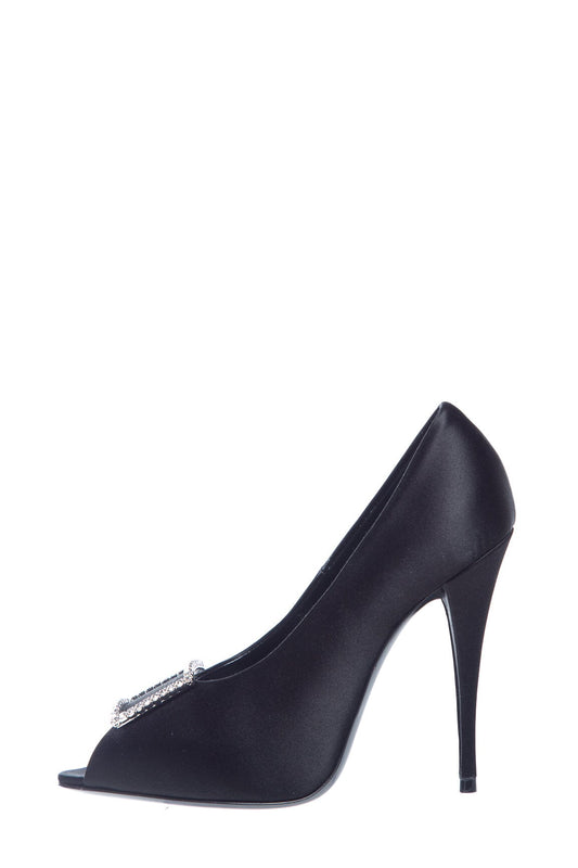 Saint Laurent Black Satin Peep Toe Heels SZ 38.5