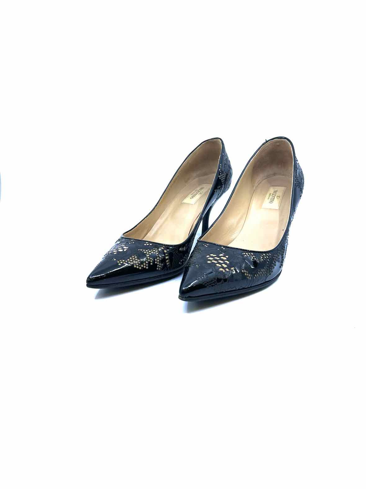 VALENTINO Size 9 Black, beige Patent Leather Floral Pumps