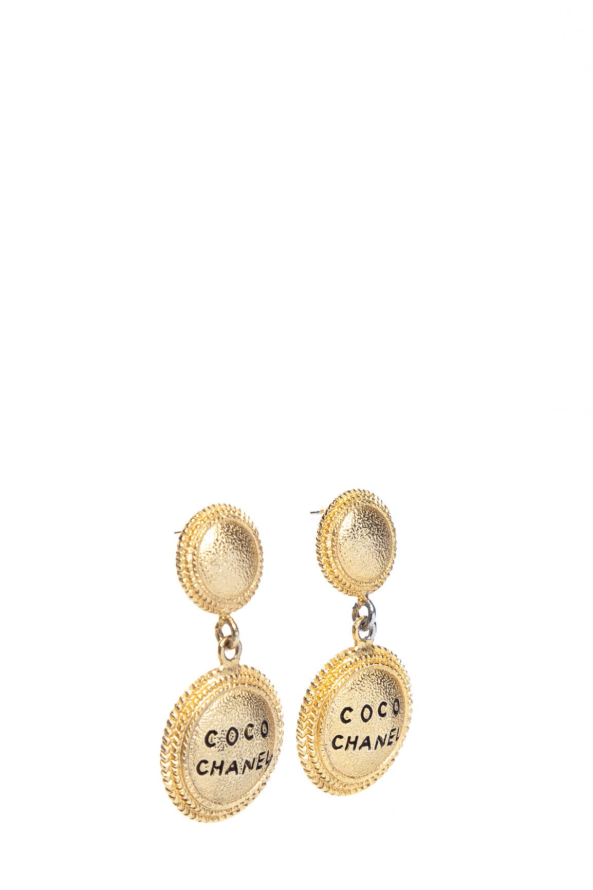Chanel Vintage Gold Logo Coco Engraved Earrings