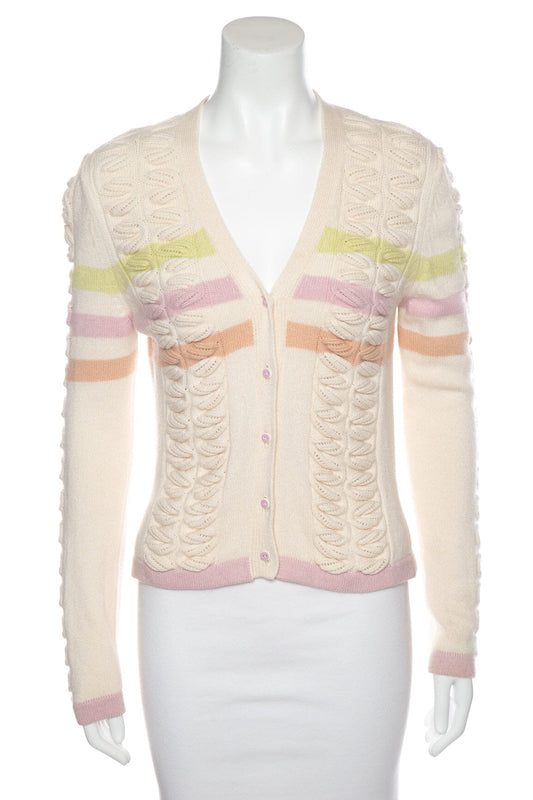 Chanel Vintage Ivory & Multicolor Striped Cashmere Cardigan SZ 40