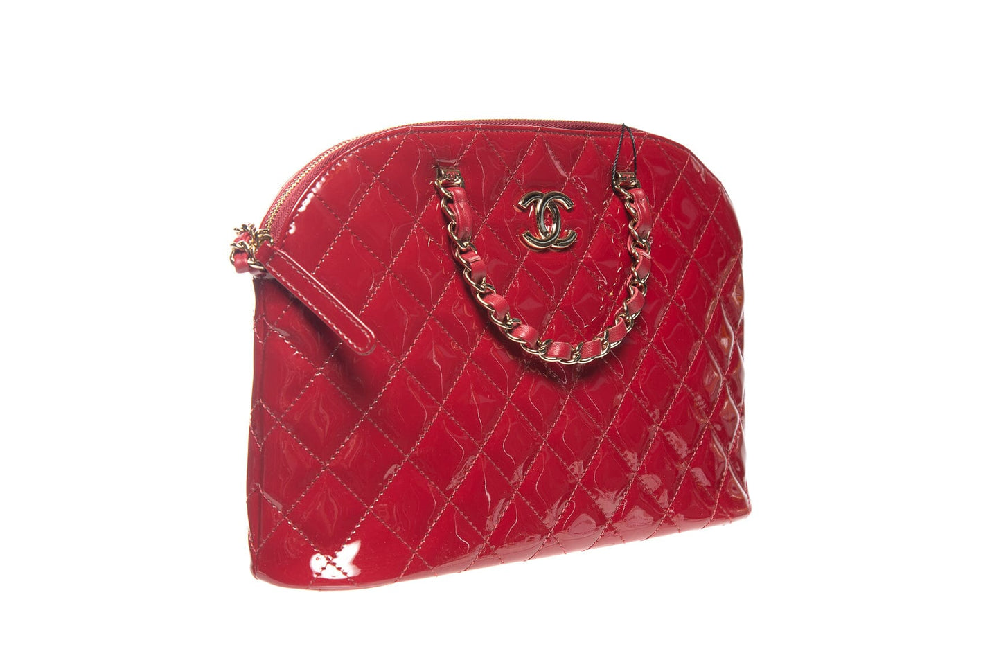 Chanel Red Patent Quilted Small Shopping Handbag