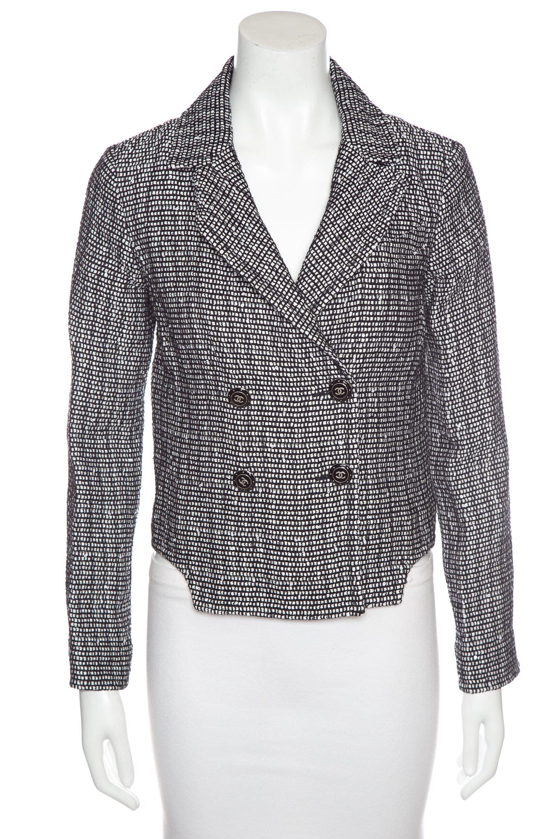 Chanel Black and White Pattern Double-Breasted Jacket SZ 34