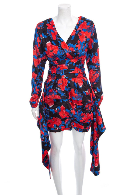 Saint Laurent Red and Blue Floral Long Sleeve Mini Dress SZ M