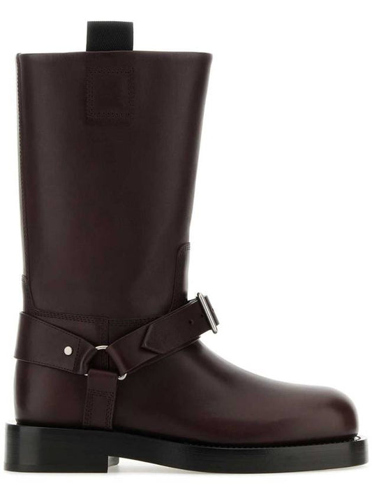 Burberry Saddle Leather Middle Boots Aubergine
