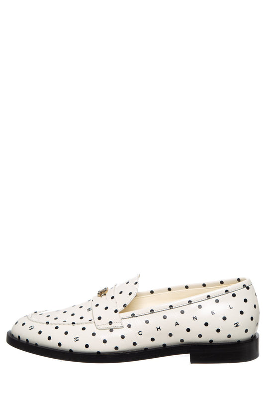 Chanel White And Black Polka Dot and Interlocking CC Logo Loafers SZ 39